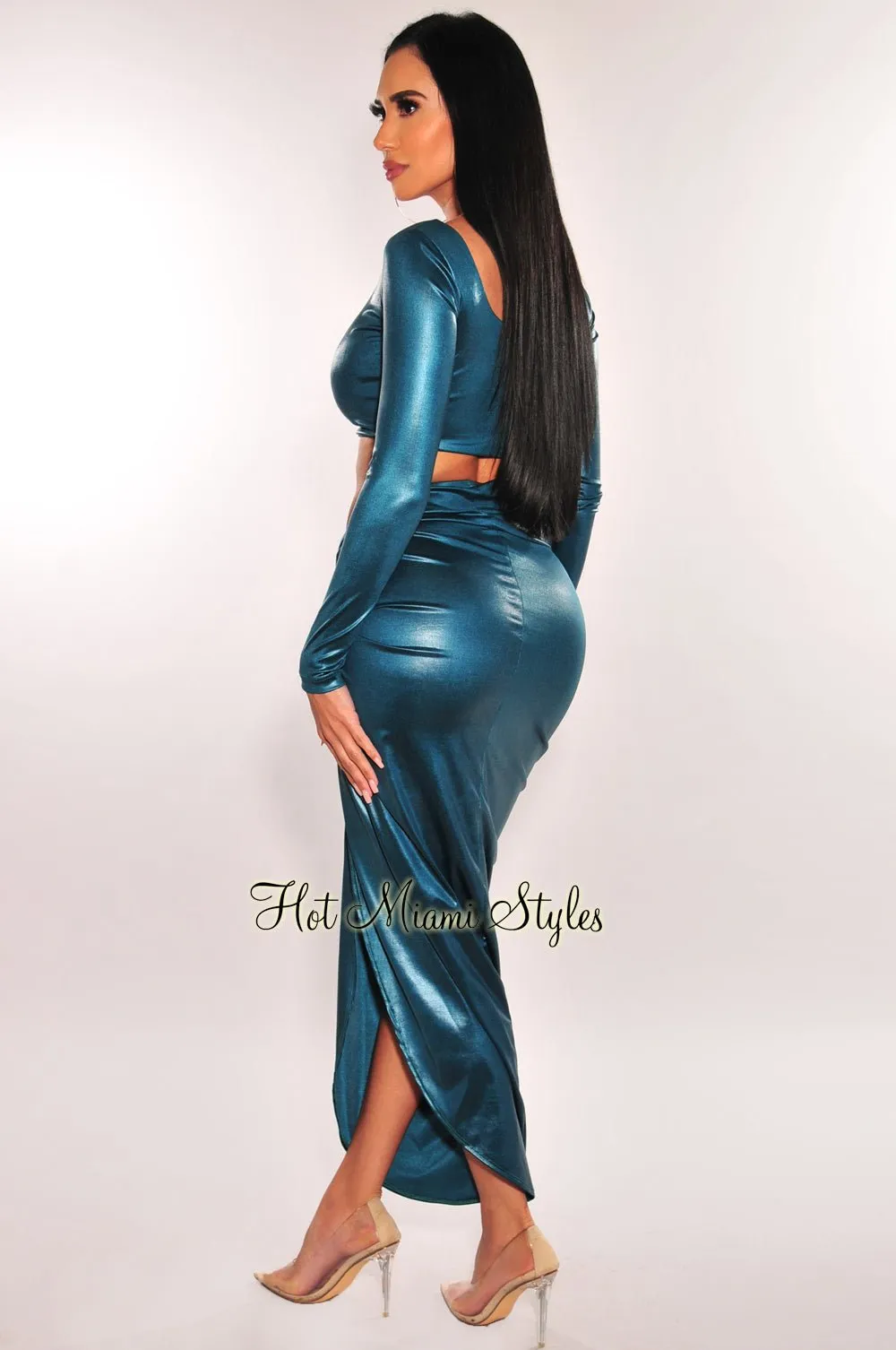 Emerald Satin Faux Leather Long Sleeve Knotted Slit Skirt Two Piece Set