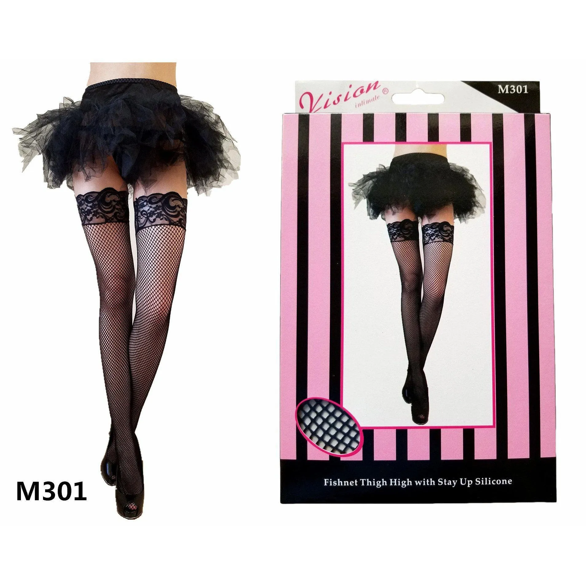 Fish Net Stay Up Thi Hi Stockings With 3" Lace BandBlack