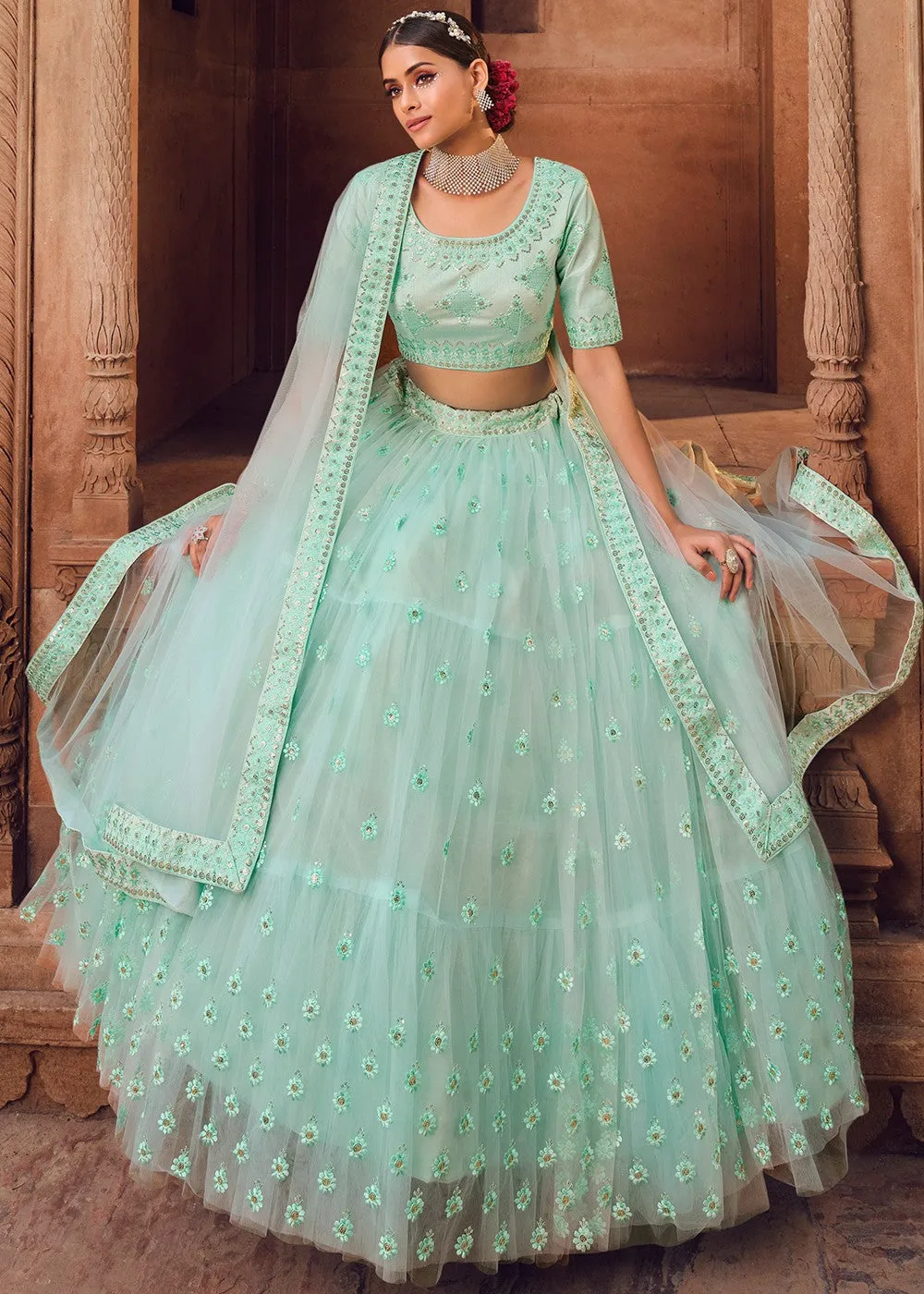 Glamorous Sky Blue Tiered Heavy Lehenga Choli