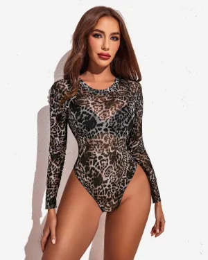 Mesh Sheer Leopard Long Sleeve Bodysuit